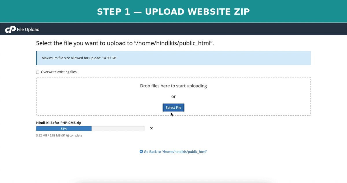 cPanel File Manager में PHP website ZIP upload करने का step