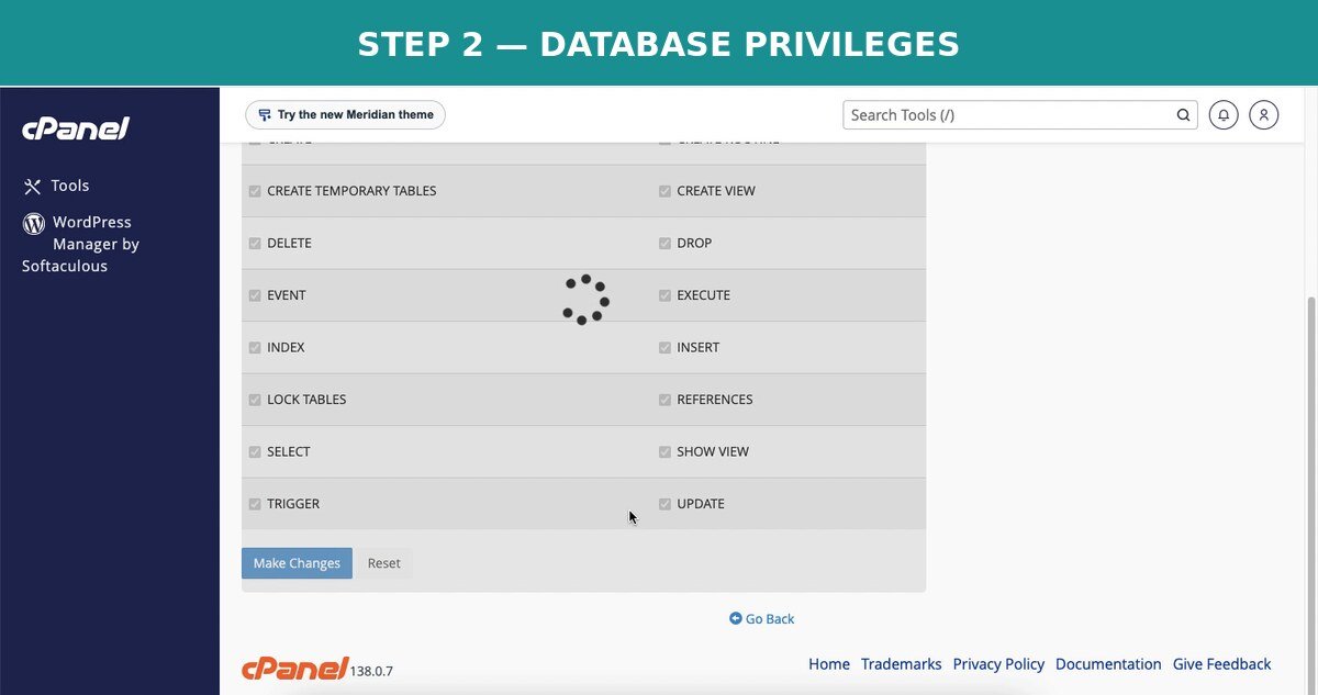 cPanel MySQL database user को All Privileges देने का screen