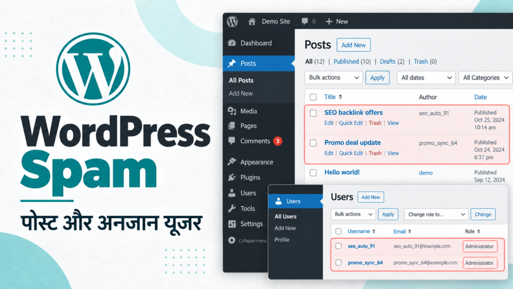 वर्डप्रेस इंटरफेस में स्पैम पोस्ट और अनजान एडमिन यूजर