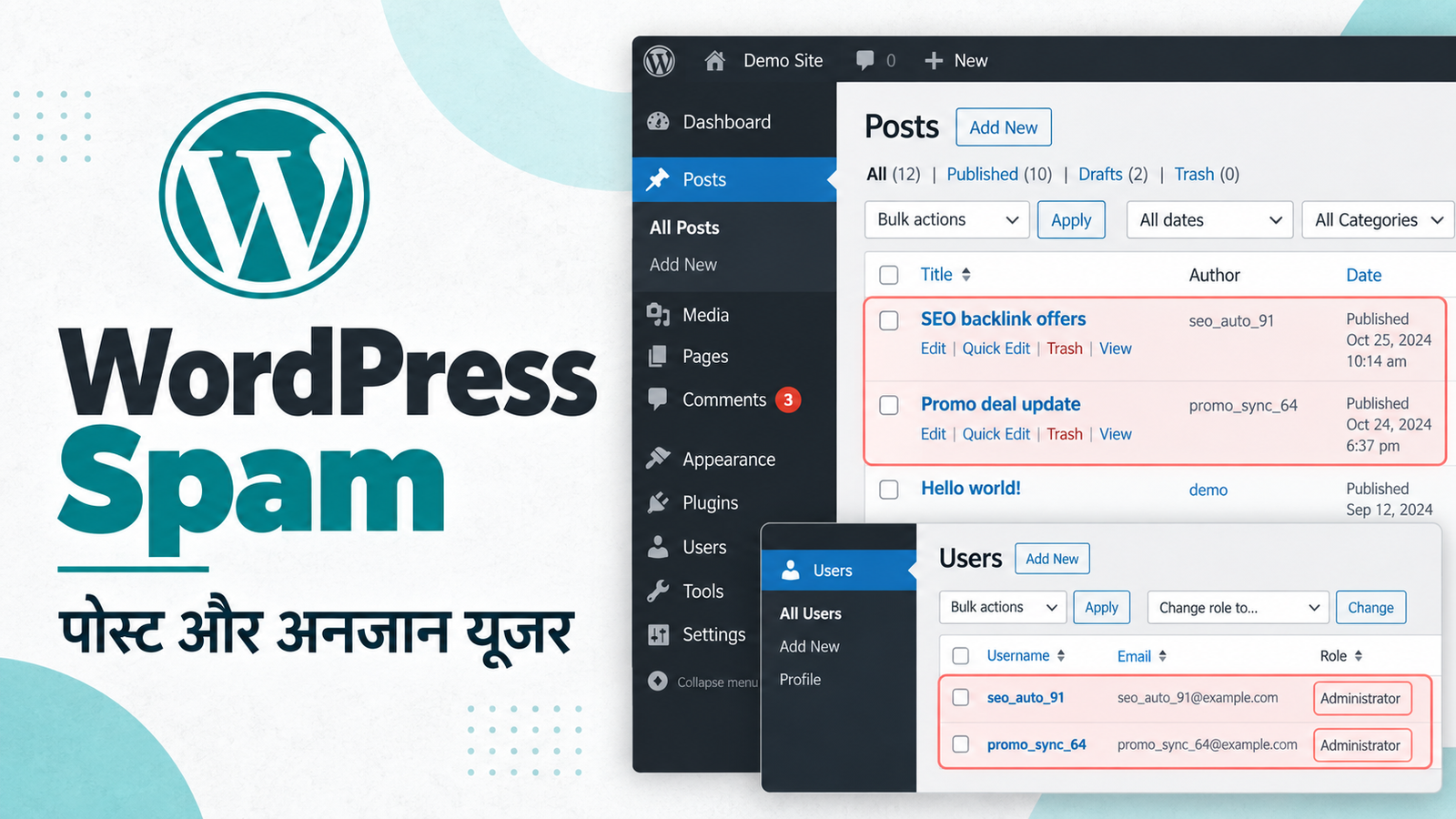 वर्डप्रेस इंटरफेस में स्पैम पोस्ट और अनजान एडमिन यूजर