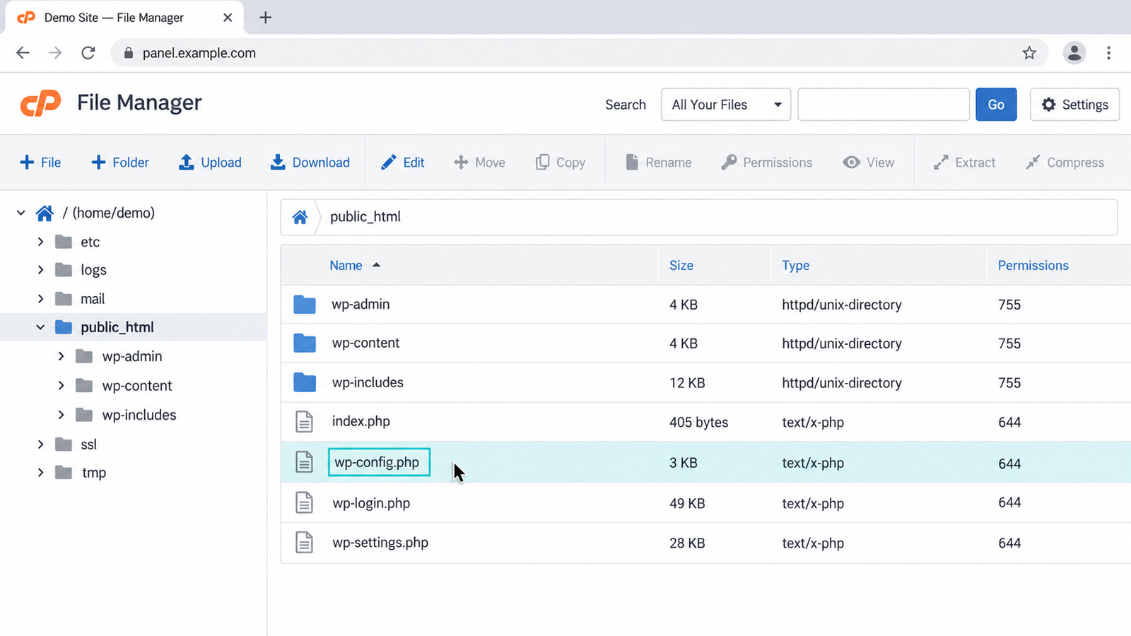 फाइल मैनेजर में वर्डप्रेस की wp-config.php फाइल कहाँ मिलेगी, इसका डेमो
